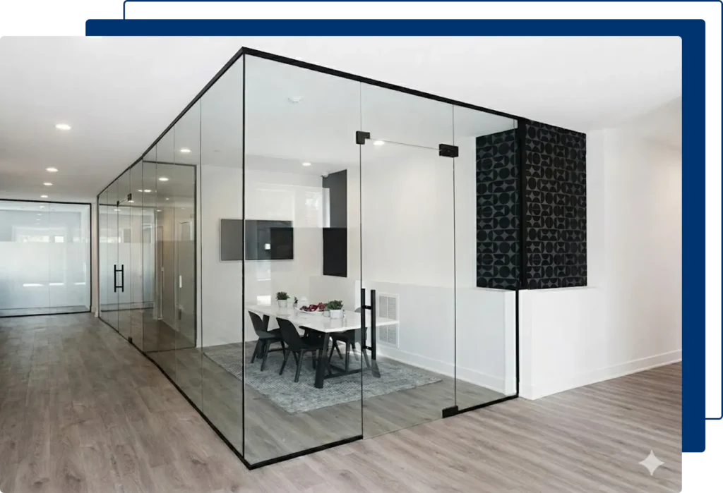 Frameless office glass partition with swing glass door installed by VanGlaze in Metro Vancouver
