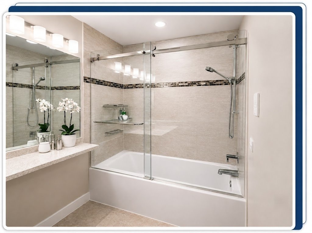 Frameless Sliding bathtub glass door with premium hardware installed by VanGlaze
