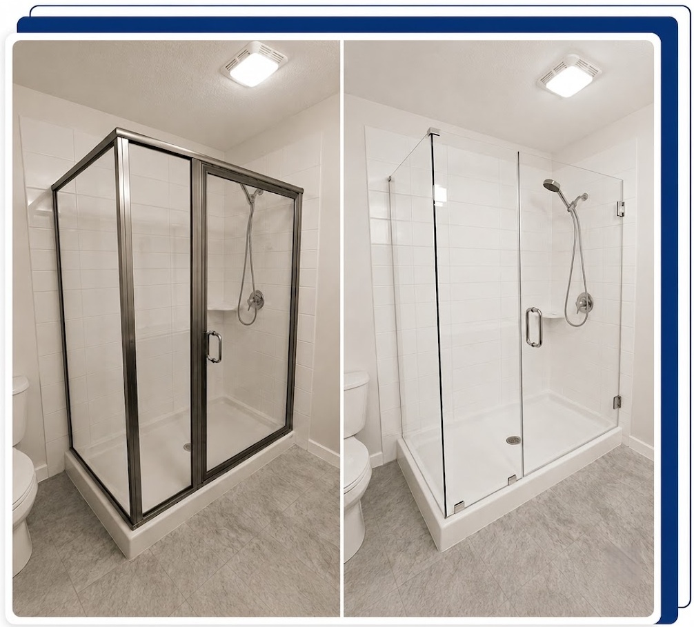 Frameless shower door replacement with custom swing glass door installed by VanGlaze