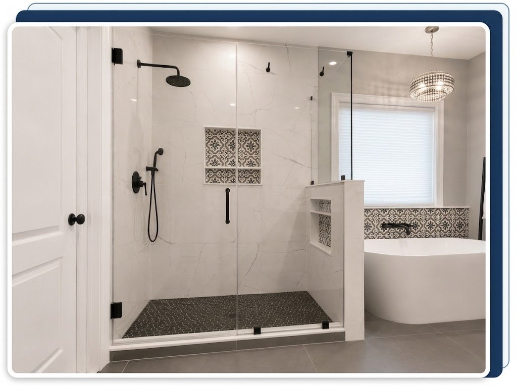 Frameless glass shower doors with custom clear glass panels