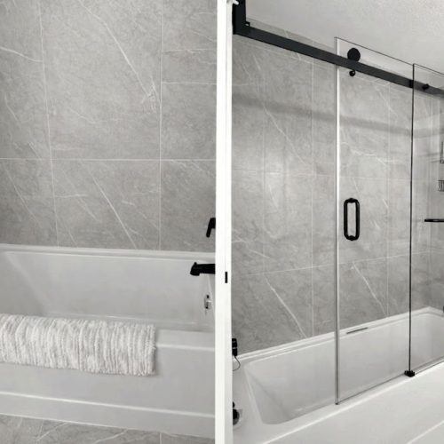 Frameless bathtub glass door replacement with custom glass installation by VanGlaze