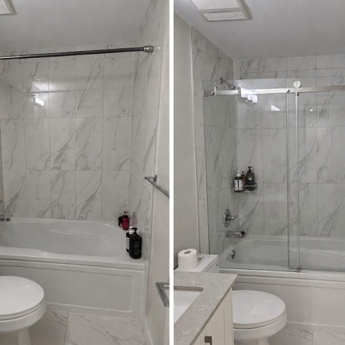 Frameless bathtub glass door replacement with custom glass installation by VanGlaze