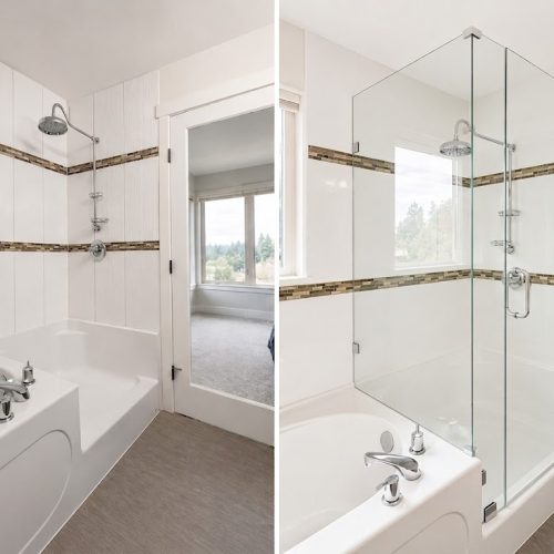 Frameless corner shower door replacement with custom glass enclosure installed by VanGlaze