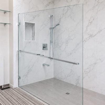 Fixed panel shower glass with towel bar