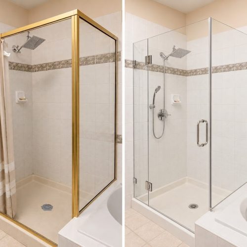 Frameless corner shower door replacement with custom glass enclosure installed by VanGlaze