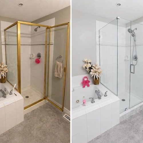 Frameless corner shower door replacement with custom glass enclosure installed by VanGlaze