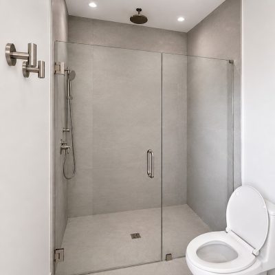 Frameless swing glass shower door installed by VanGlaze in Metro Vancouver