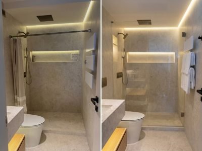 Frameless glass shower doors with custom clear glass panels
