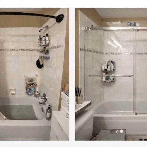 Frameless bathtub glass door replacement with custom glass installation by VanGlaze