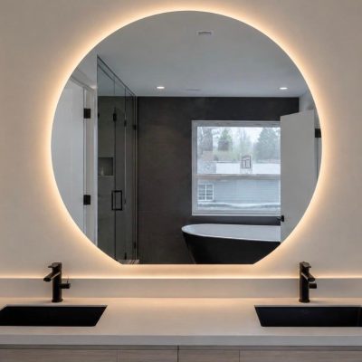 Custom round backlit bathroom mirror installed by VanGlaze in Metro Vancouver