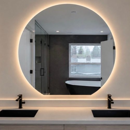 Custom round backlit bathroom mirror installed by VanGlaze in Metro Vancouver
