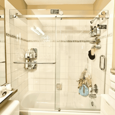 Frameless Sliding bathtub glass door installed by VanGlaze in Metro Vancouver