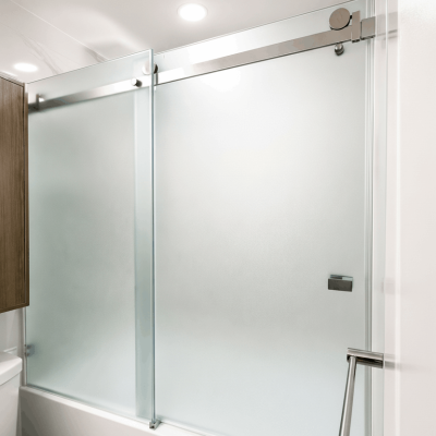 Sliding door shower on bathtub wiith frosted glass- C