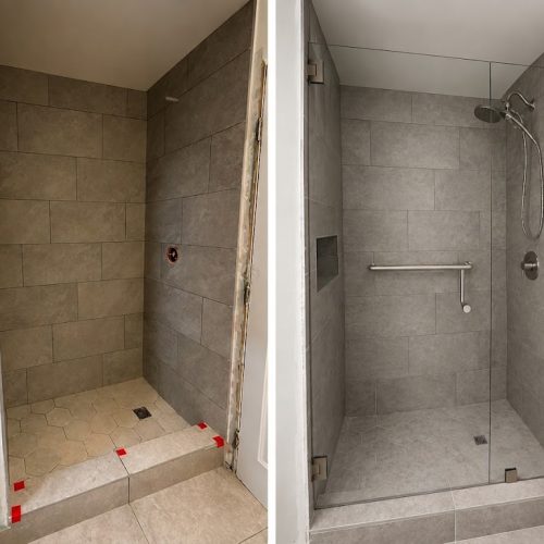 Frameless swing shower door replacement with built-in bench installed by VanGlaze
