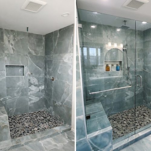Frameless swing shower door replacement with built-in bench installed by VanGlaze
