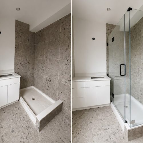 Frameless corner shower door replacement with custom glass enclosure installed by VanGlaze